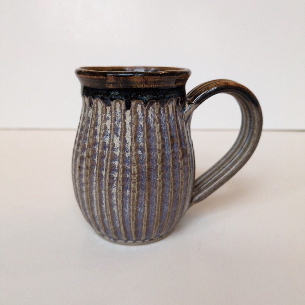 Artisan Handmade Pottery Stoneware Coffee or Tea Mug - Ribbed Blue Gray Brown - Picture 2 of 7
